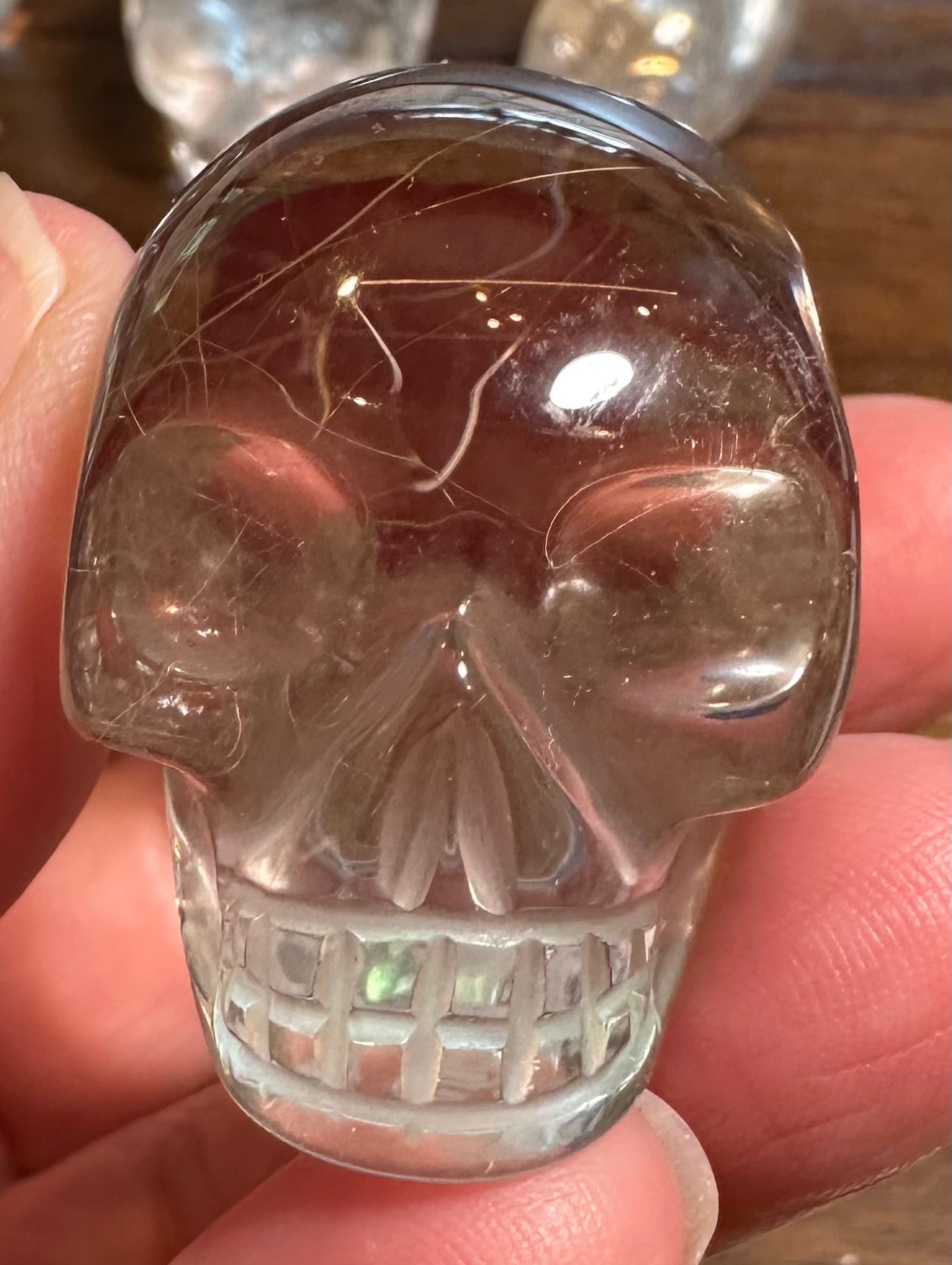 Master Carved Golden Rutilated Lemurian Quartz Elongated Crystal Skull by Vanderlei Barreto, Brazil – 1” x 2” – NC7890