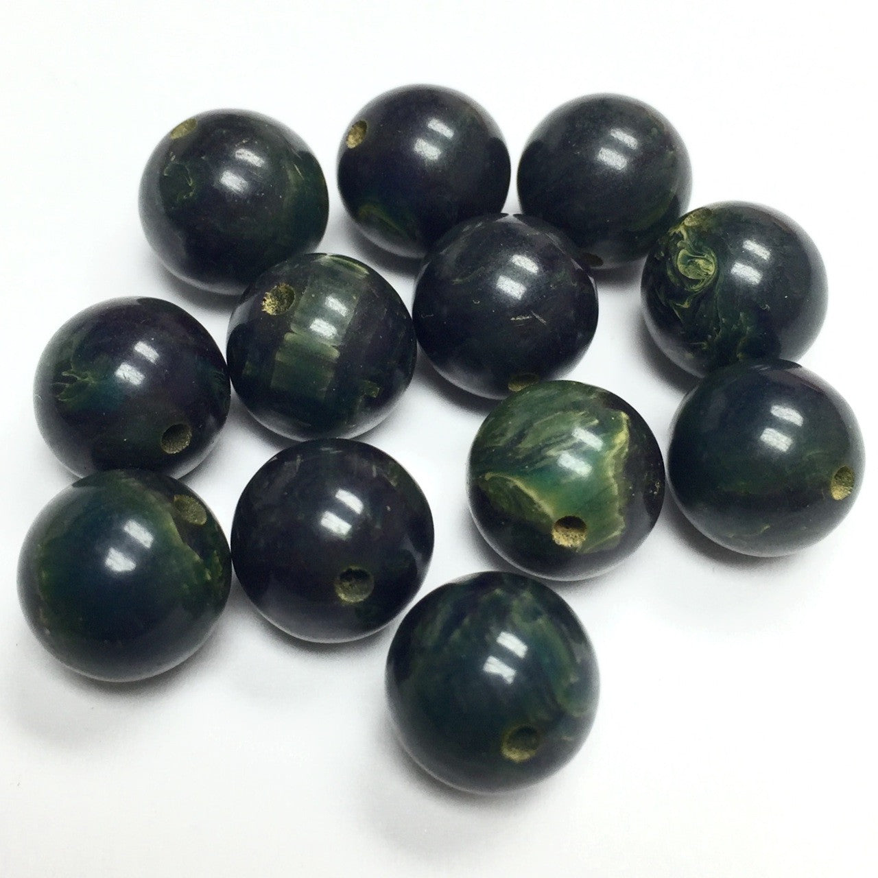 Vintage Bakelite Beads - 9mm Marbled Green with a Blue Tone Smaller