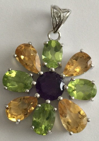 Amethyst Peridot & Citrine Flower Pendant 22mm AA Grade
