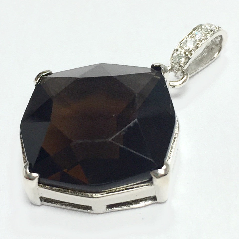 Faceted Smokey Quartz Octagon Pendant with Sterling & CZ Bail