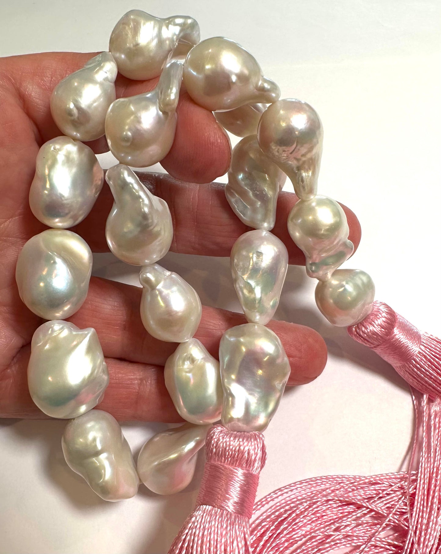 AAAA Baroque Pearl Strand with Pink Silk Tassels – 13mm Average – PB7885