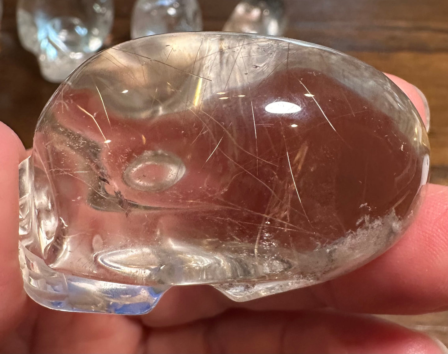 Master Carved Golden Rutilated Lemurian Quartz Elongated Crystal Skull by Vanderlei Barreto, Brazil – 1” x 2” – NC7890