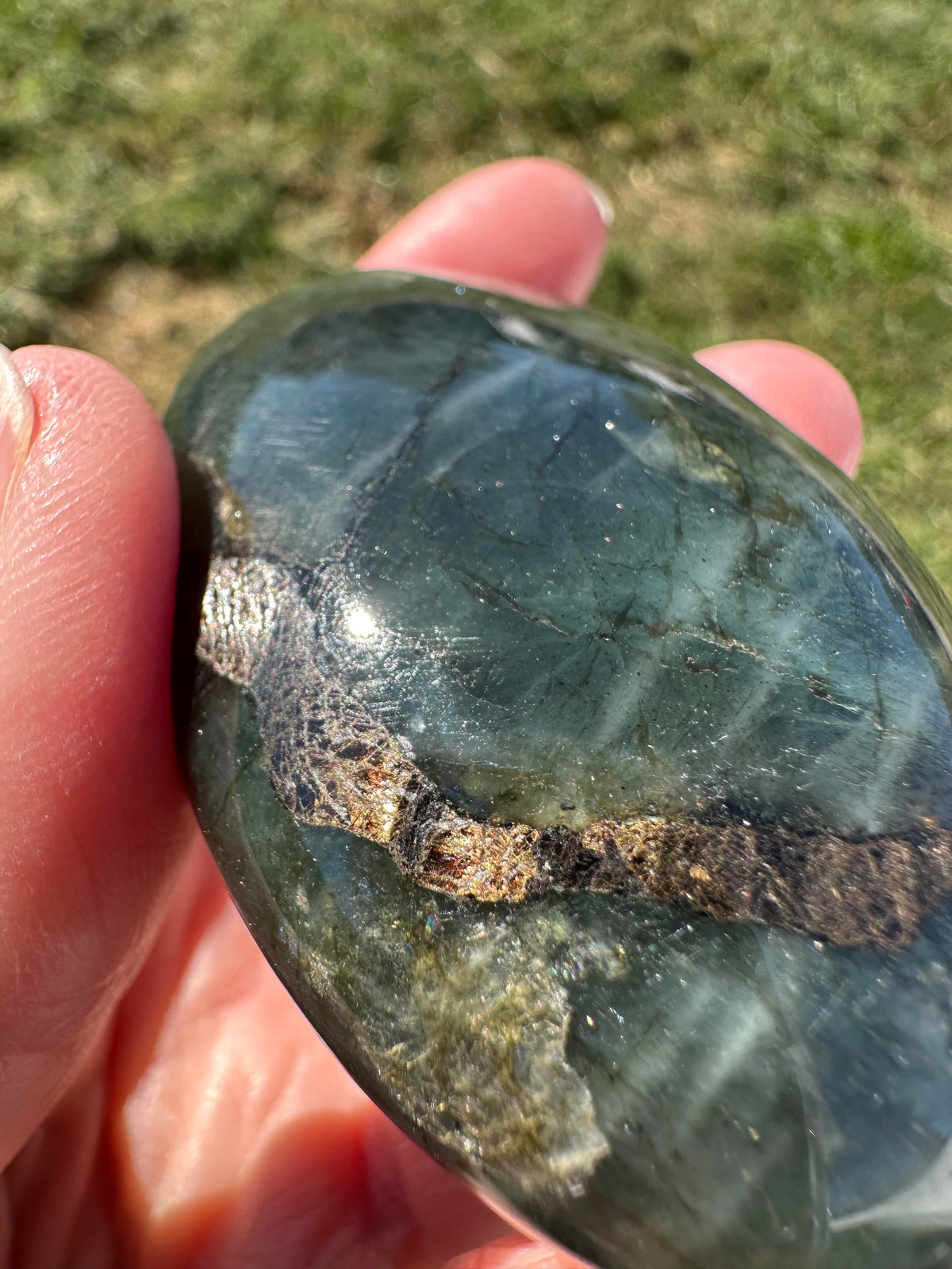 Blue Labradorite Palm Stone with Golden Brassy Inclusion #NC7982