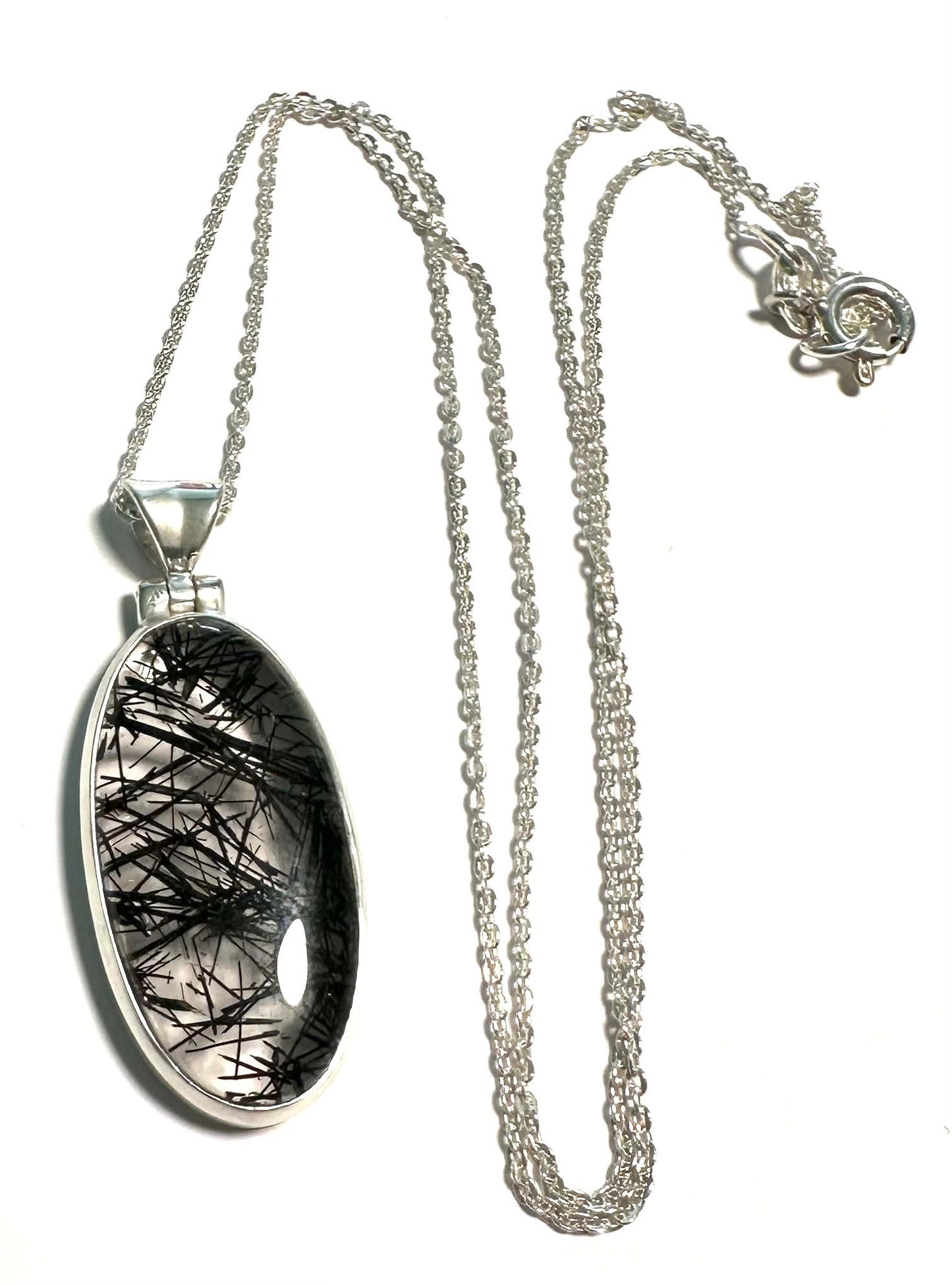 Black Rutile Oval Quartz Pendant Necklace – Sterling Silver SP7726