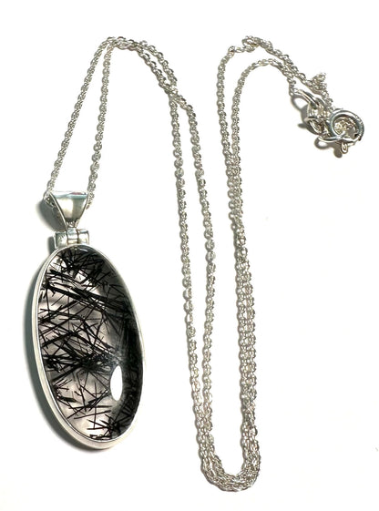 Black Rutile Oval Quartz Pendant Necklace – Sterling Silver SP7726