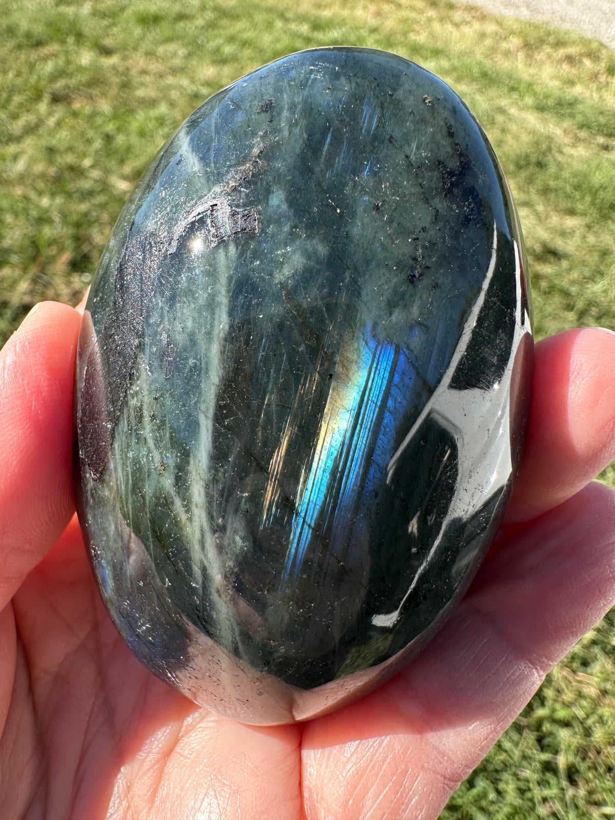 Blue Labradorite Palm Stone with Blue & Silver Flash #NC7987