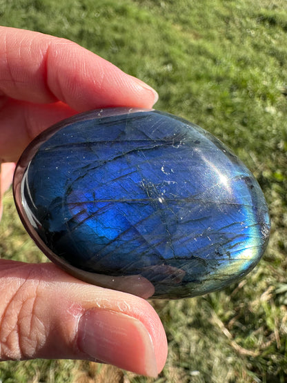 Blue Labradorite Palm Stone with Stardust Silver Flash #NC7986