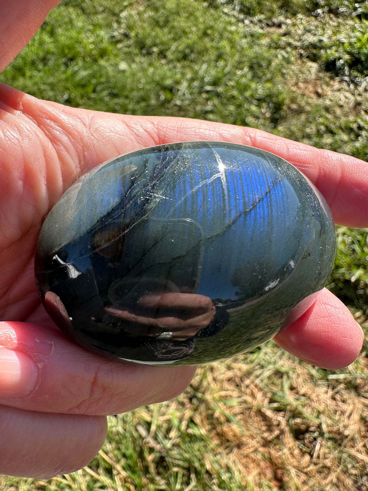 Blue Labradorite Palm Stone with Silver Flash & Unique Zoning #NC7984
