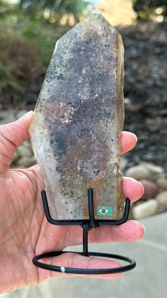 Garden Quartz Lodolite Statement Piece with Rainbow and Stand #NC7946