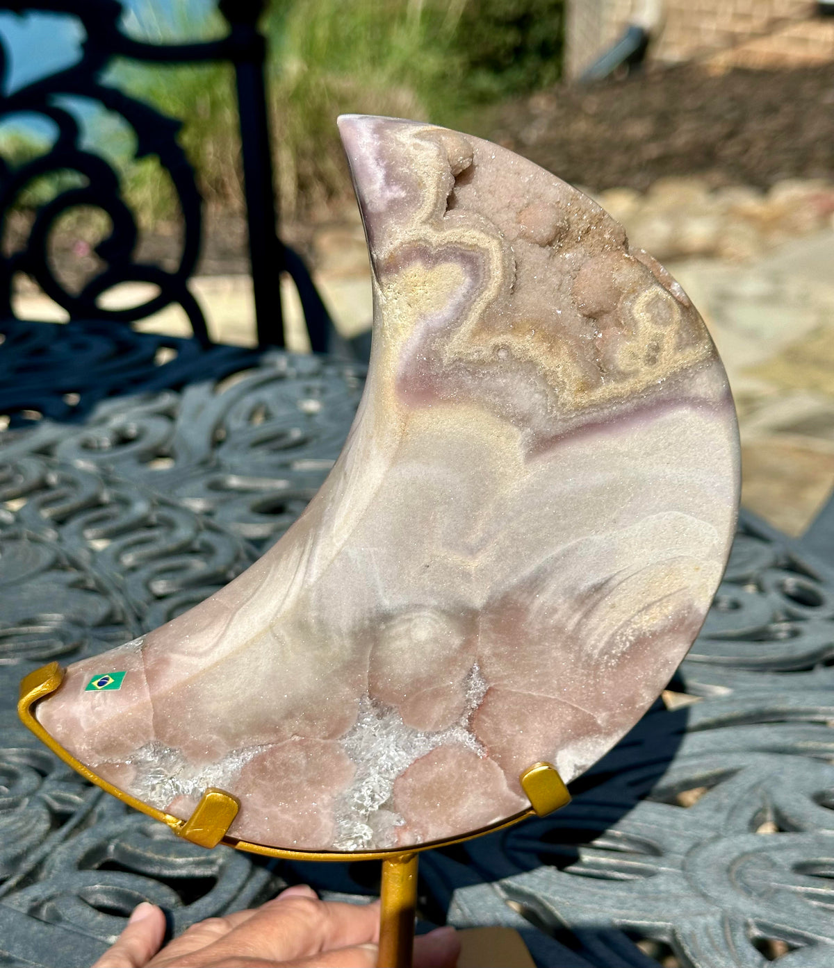 Large 1.49 kg Brazilian Pink Amethyst Moon on Spinning Stand #NC7950