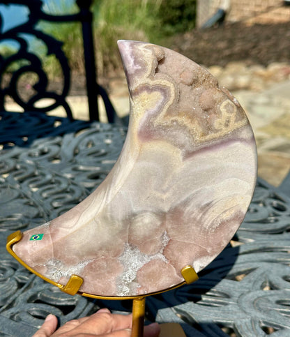 Large 1.49 kg Brazilian Pink Amethyst Moon on Spinning Stand #NC7950