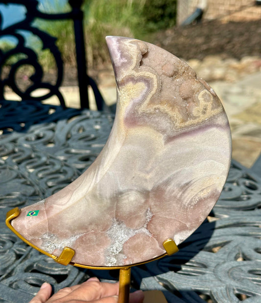 Large 1.49 kg Brazilian Pink Amethyst Moon on Spinning Stand #NC7950
