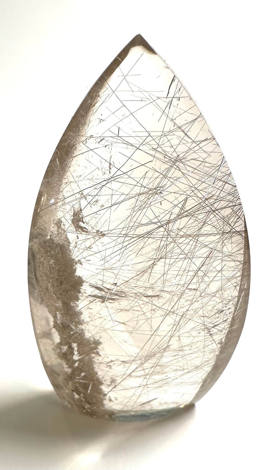 Collector Grade Champagne Smoky Quartz Flame with Silver Rutile & White Sparkling Lodolite Master Carved by Ney #NC7952