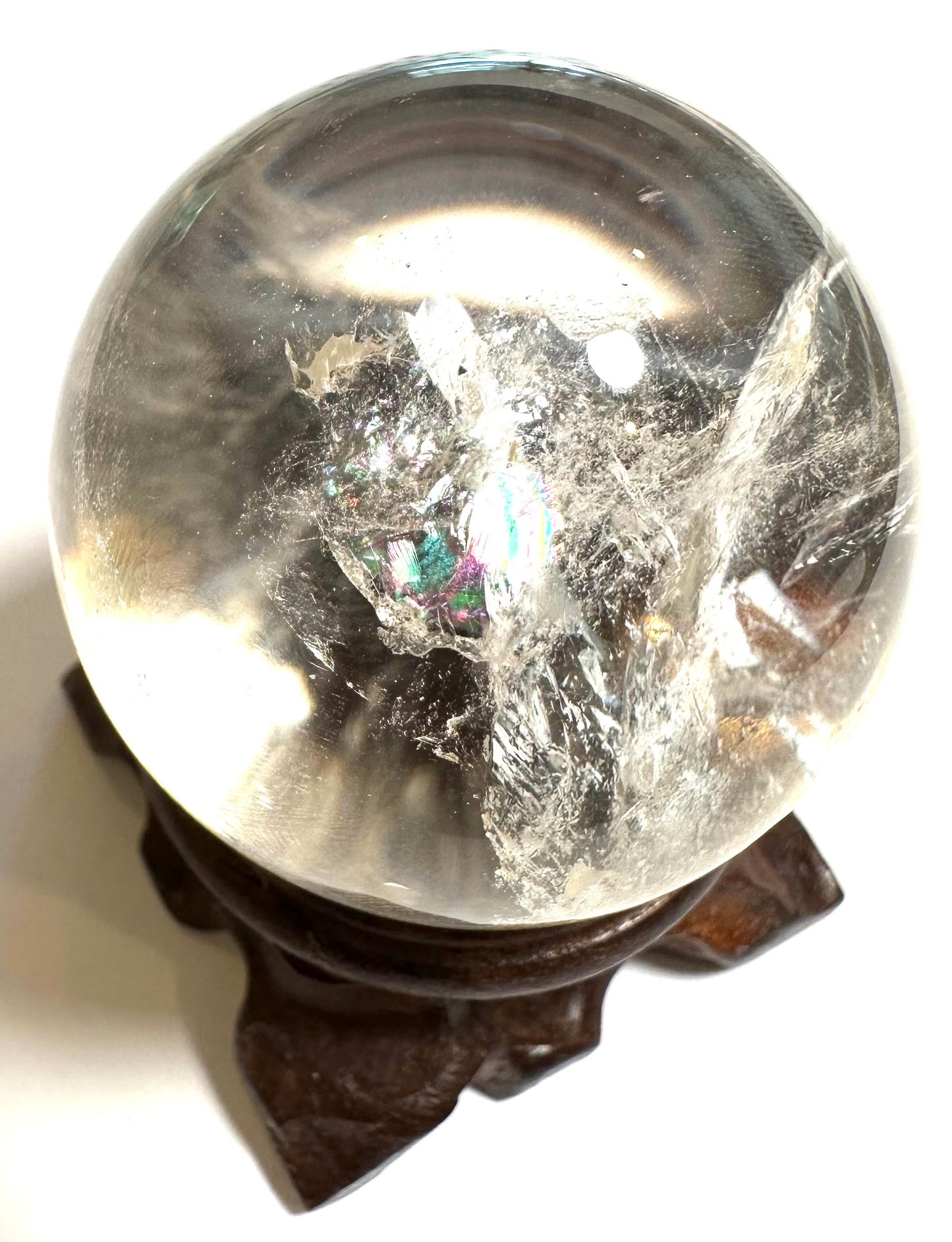 Brazilian Lemurian Quartz Rainbow Sphere with Wooden Stand – 46 mm #SP7909