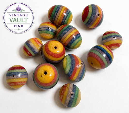 Rare Vintage 1970s Decorated & Lacquered Rainbow Coral Beads – 13-Piece Designer Collection - SP7903
