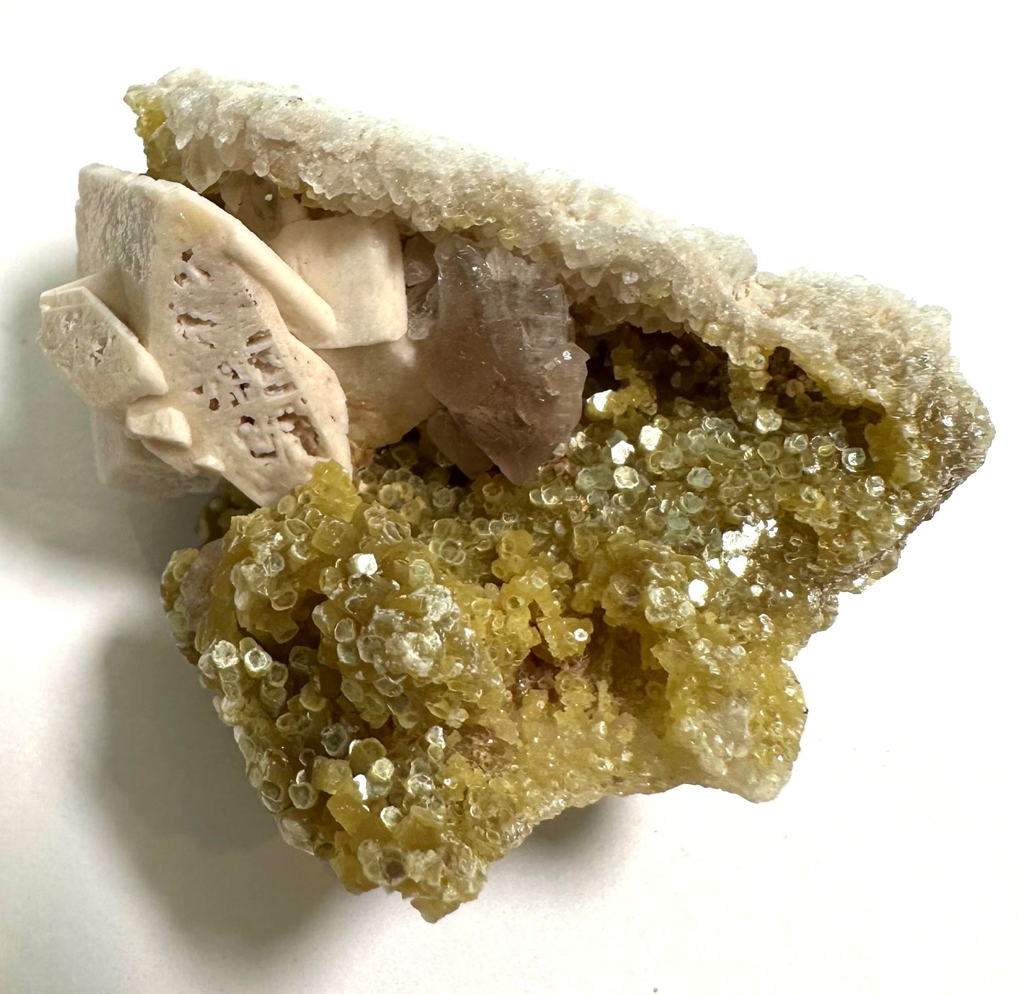 Golden Druzy Quartz with Albite Feldspar, Barite & Amethyst 2" - #NC7922