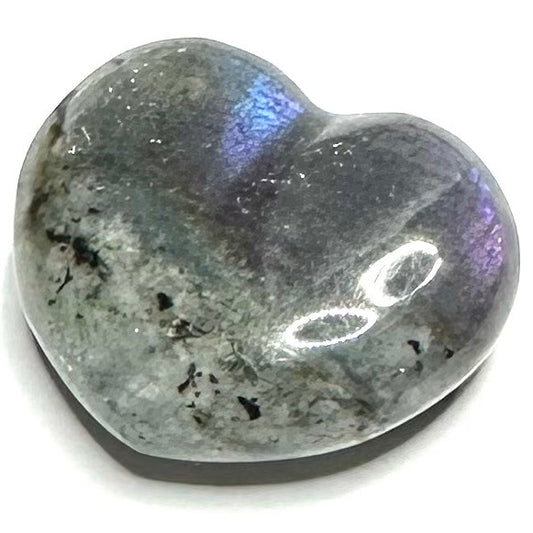 One of a Kind Purple Flash Labradorite Carved Heart Palm Stone-1" (NC5304)