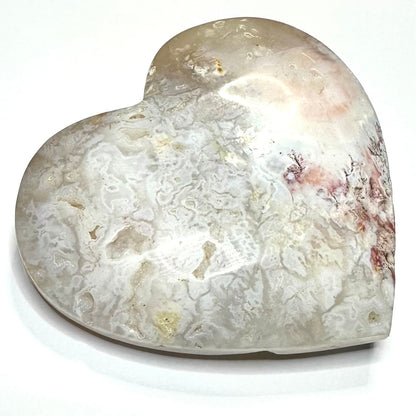 One of a Kind Pink Flower Agate with Druzy Carved Heart Stone-3 1/2 x 3 x 1/2"