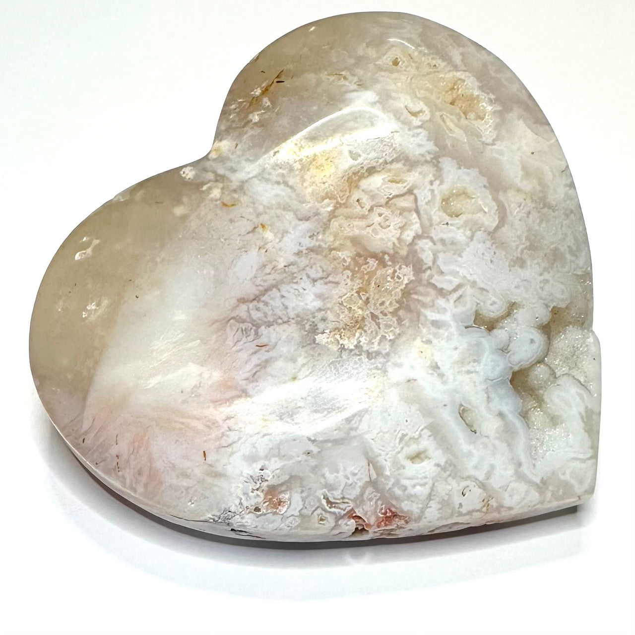 One of a Kind Pink Flower Agate with Druzy Carved Heart Stone-3 1/2 x 3 x 1/2"