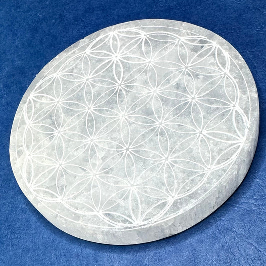 Selenite Carved and Etched Geometric Circular Flower Charging Plates-4"