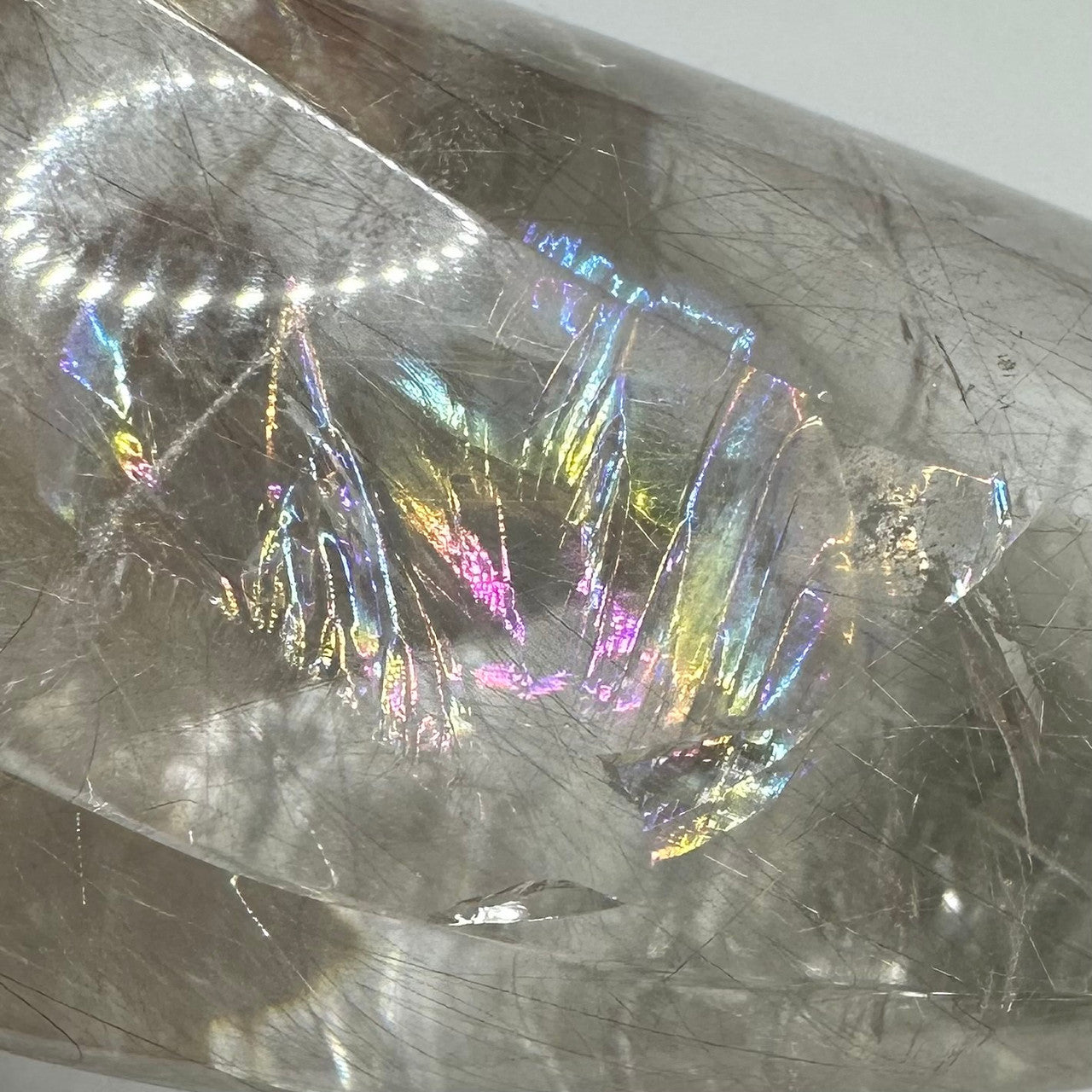 One of a Kind Silver Rutile Quartz Crystal with Rainbow Inclusions Flame Tower-4 1/4 x 2 1/4"