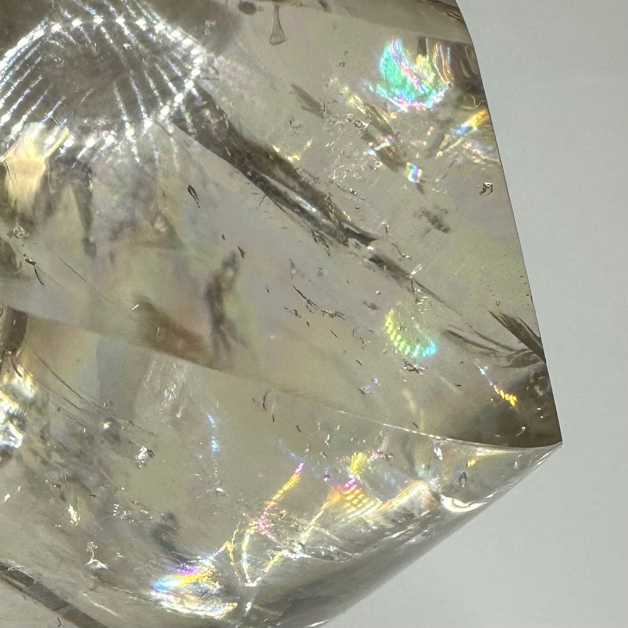 One of a Kind Champagne Smokey Quartz Crystal with Rainbow Inclusions Flame  Tower-3 3/4 x 2"
