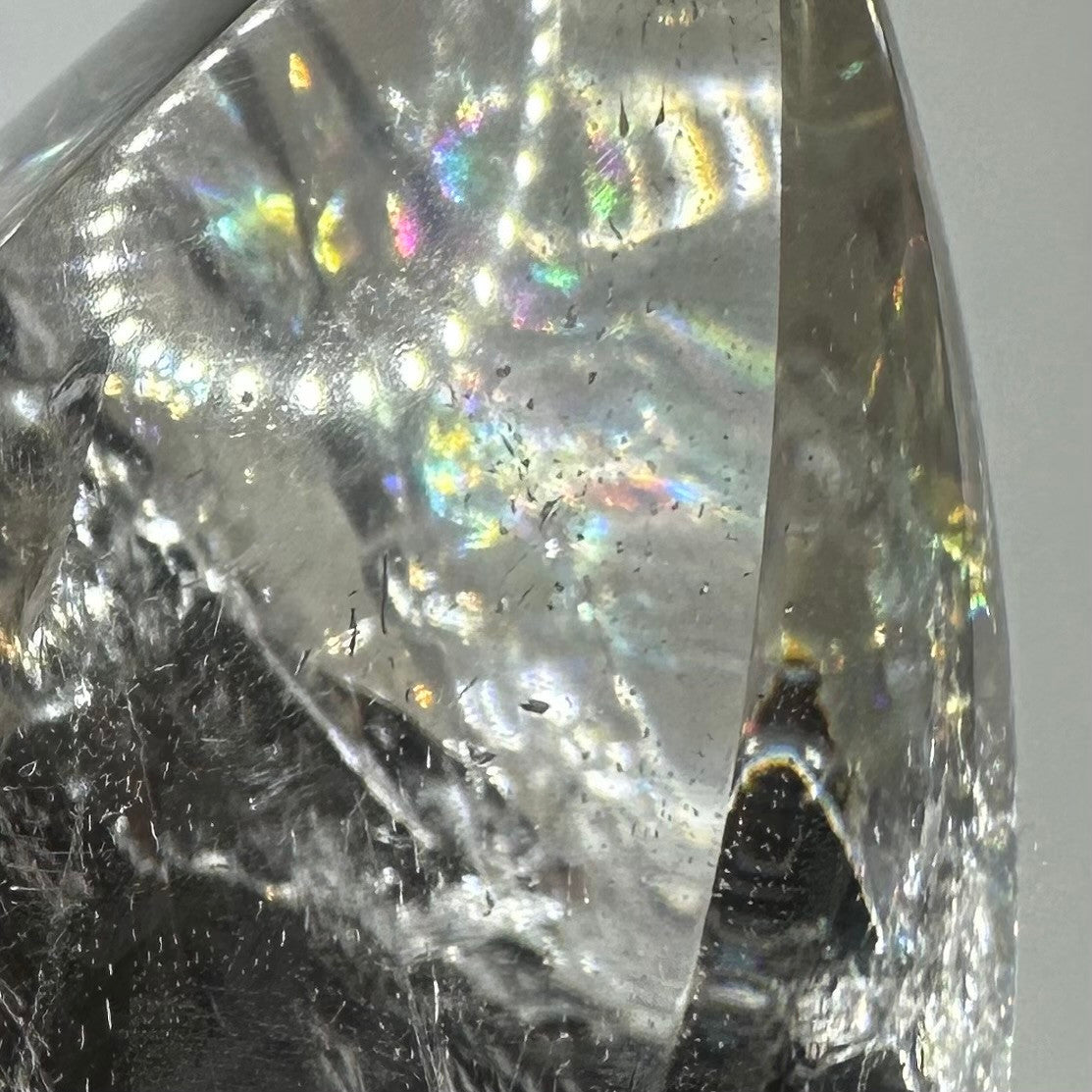 One of a Kind Quartz Crystal with "God's Fingerprint" Rainbow Inclusions Flame Tower-3 3/4 x 2 1/2"