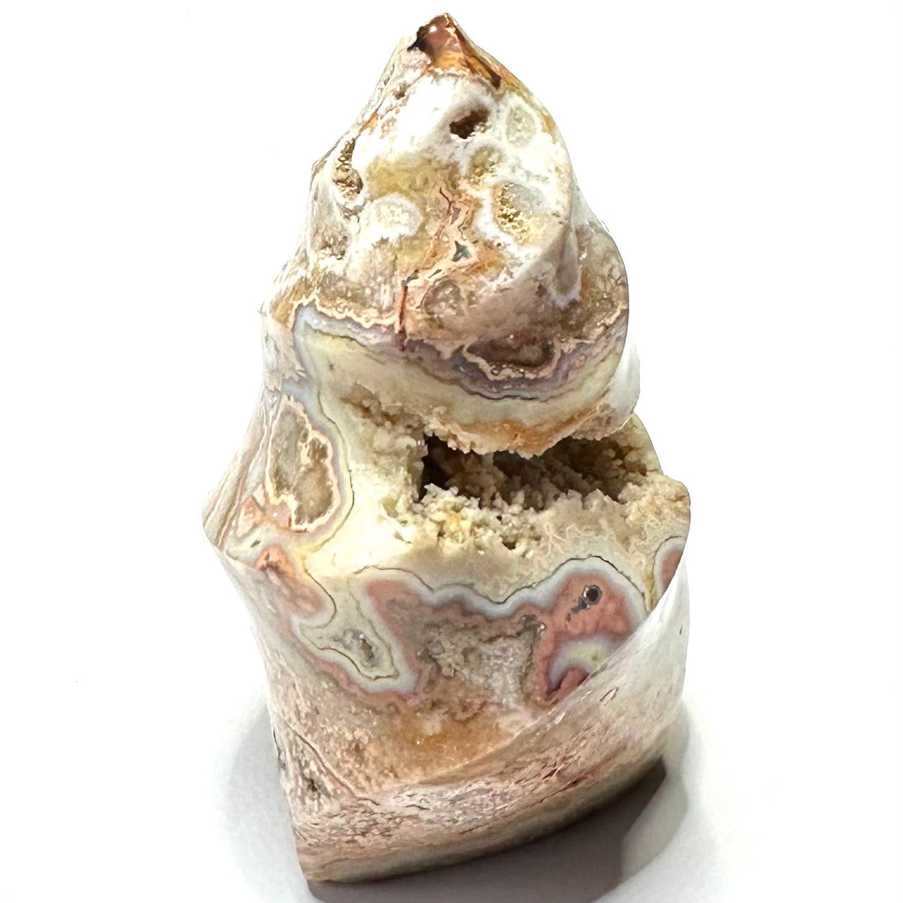 One of a Kind Crazy Lace Agate Druzy Twisted Flame Tower-2 1/2 x 1 1/2"