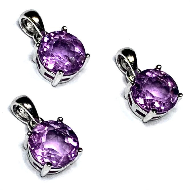 Faceted Amethyst and Sterling Silver Prong Setting Pendants-AAA Grade-8mm (SP4472)