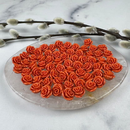 Hand Carved Italian Coral Half Drilled Rose Pair 12mm-SP7640