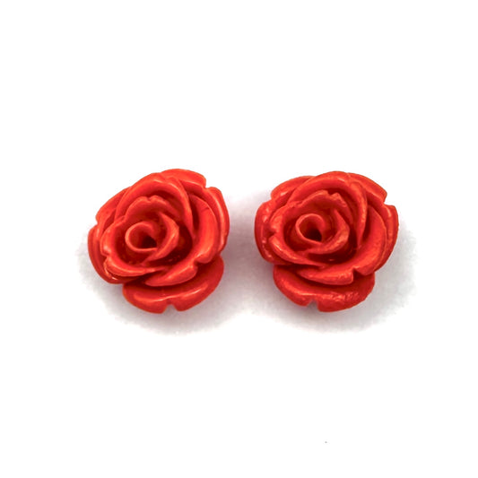 Hand Carved Italian Coral Half Drilled Rose Pair 12mm-SP7640