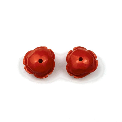 Hand Carved Italian Coral Half Drilled Rose Pair 12mm-SP7640