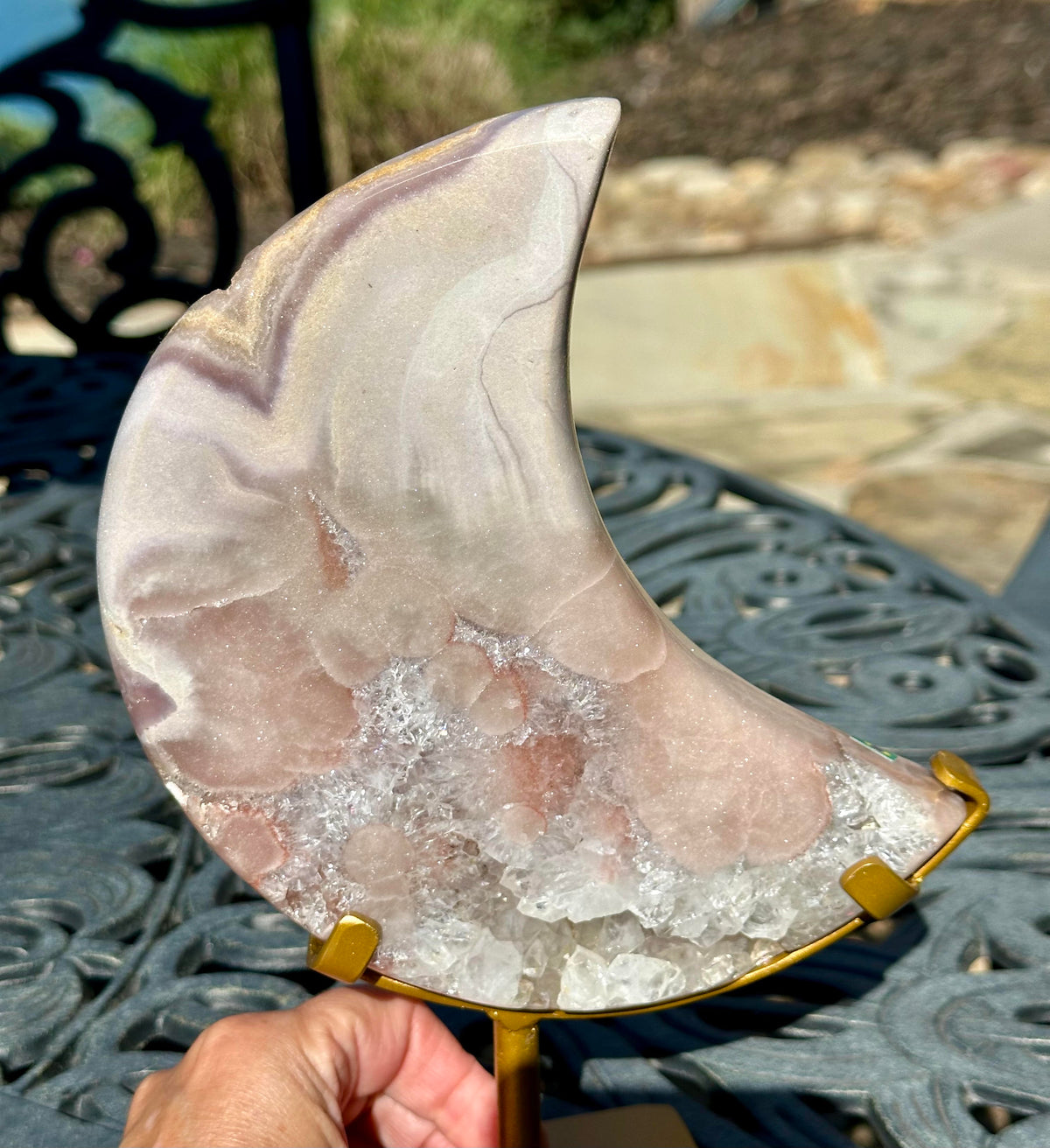 Large 1.49 kg Brazilian Pink Amethyst Moon on Spinning Stand #NC7950