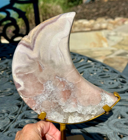 Large 1.49 kg Brazilian Pink Amethyst Moon on Spinning Stand #NC7950