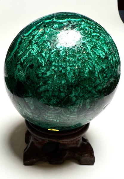 Malachite Sphere from the Congo — 66 mm (NC7803) 572 grams | Includes Hand-Carved Dark Wood Stand