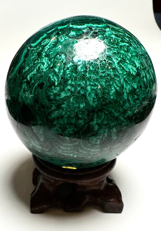 Malachite Sphere from the Congo — 66 mm (NC7803) 572 grams | Includes Hand-Carved Dark Wood Stand