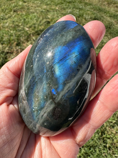 Blue Labradorite Palm Stone with Blue & Silver Flash #NC7987