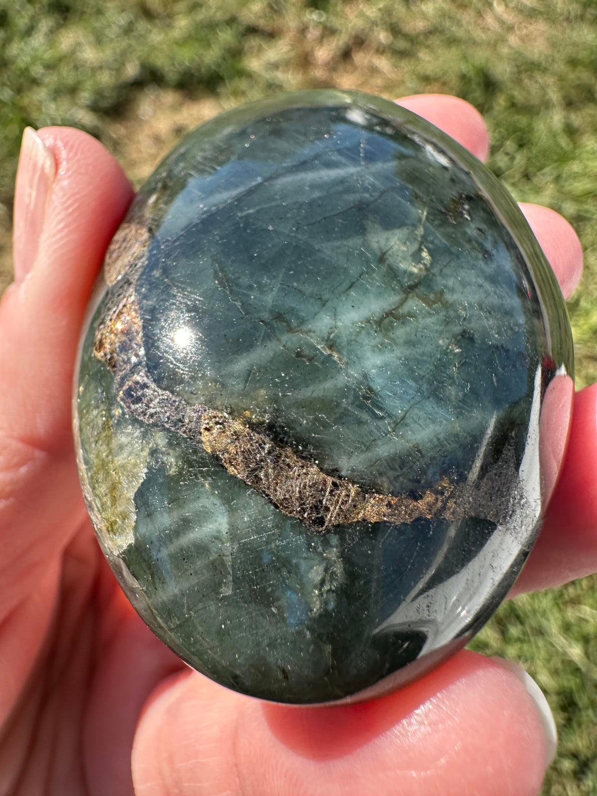 Blue Labradorite Palm Stone with Golden Brassy Inclusion #NC7982