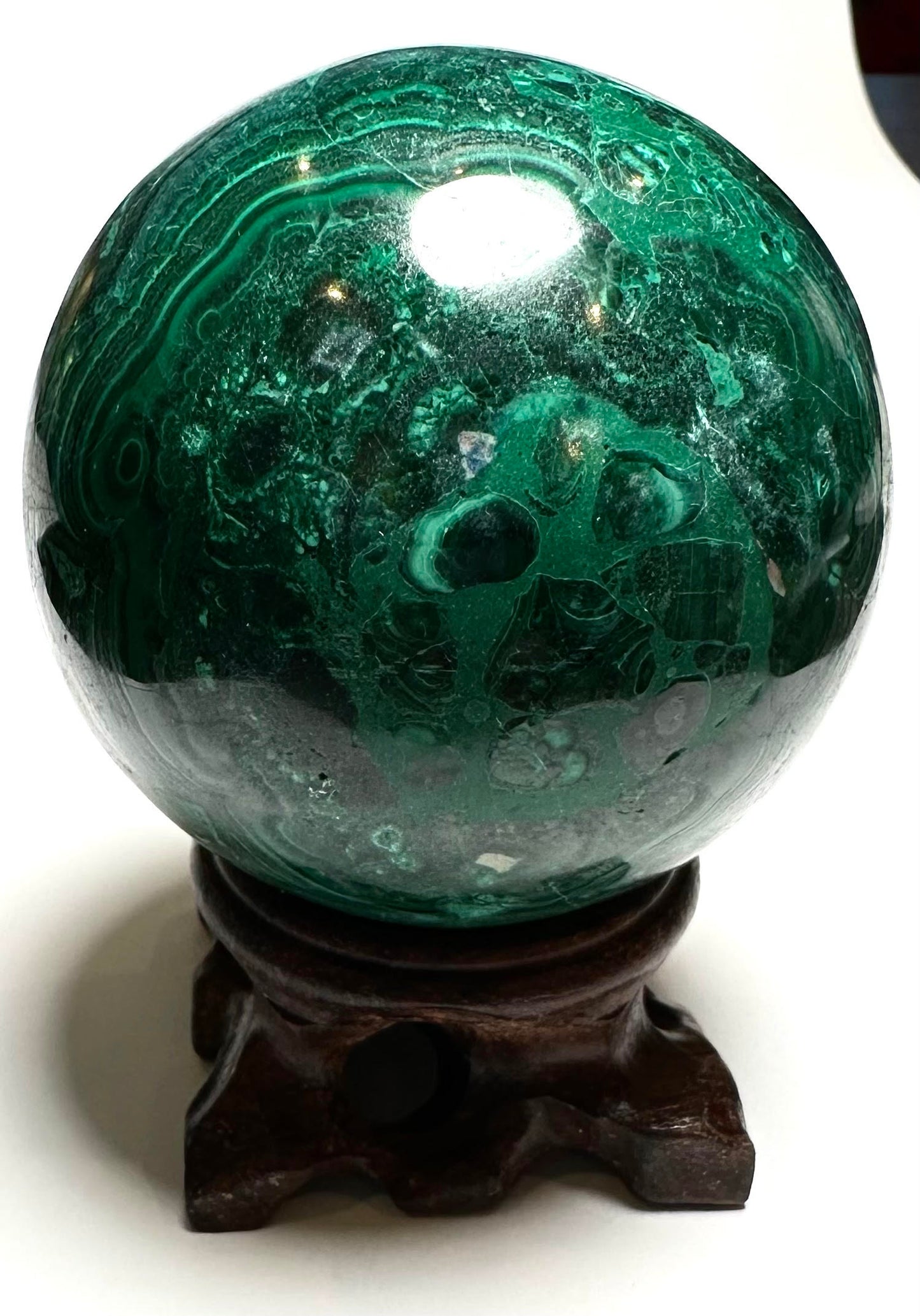 Malachite Sphere from the Congo — 66 mm (NC7803) 572 grams | Includes Hand-Carved Dark Wood Stand