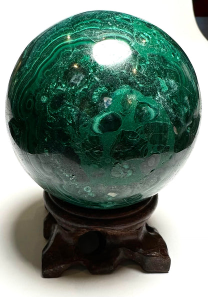 Malachite Sphere from the Congo — 66 mm (NC7803) 572 grams | Includes Hand-Carved Dark Wood Stand