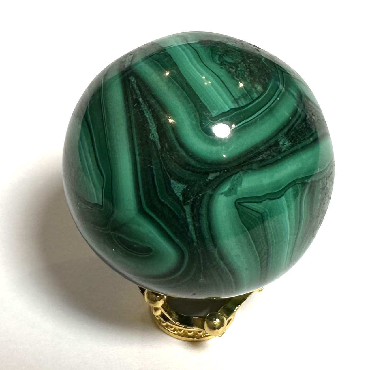 Malachite Sphere from the Congo — 31mm (NC7805) 66 grams | Includes Adorable Crown Stand