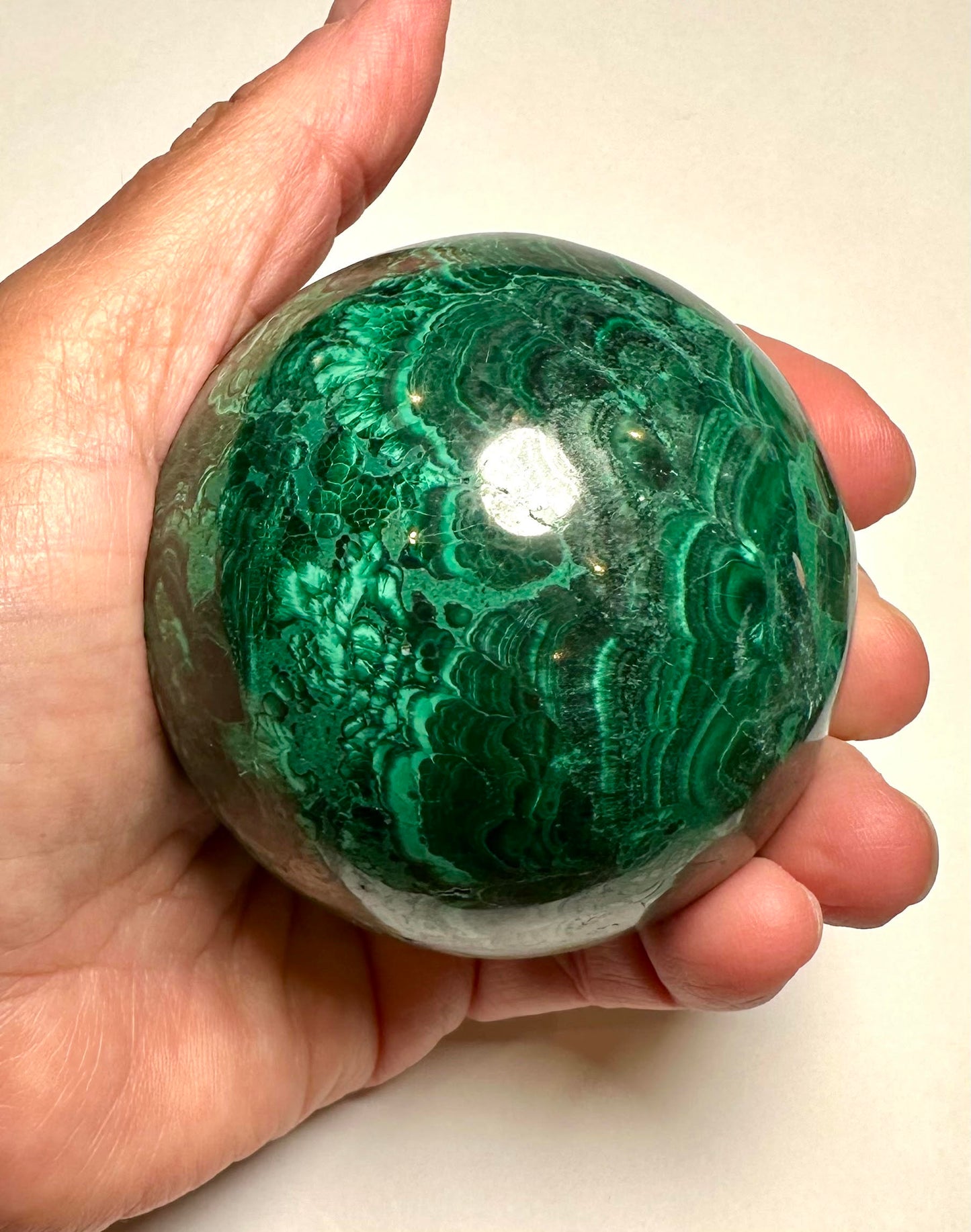 Malachite Sphere from the Congo — 66 mm (NC7803) 572 grams | Includes Hand-Carved Dark Wood Stand