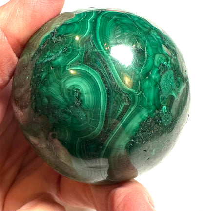 Malachite Sphere from the Congo — 62 mm (NC7804) 412 grams | Includes Hand-Carved Dark Wood Stand