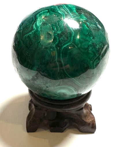 Malachite Sphere from the Congo — 62 mm (NC7804) 412 grams | Includes Hand-Carved Dark Wood Stand