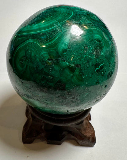 Malachite Sphere from the Congo — 62 mm (NC7804) 412 grams | Includes Hand-Carved Dark Wood Stand