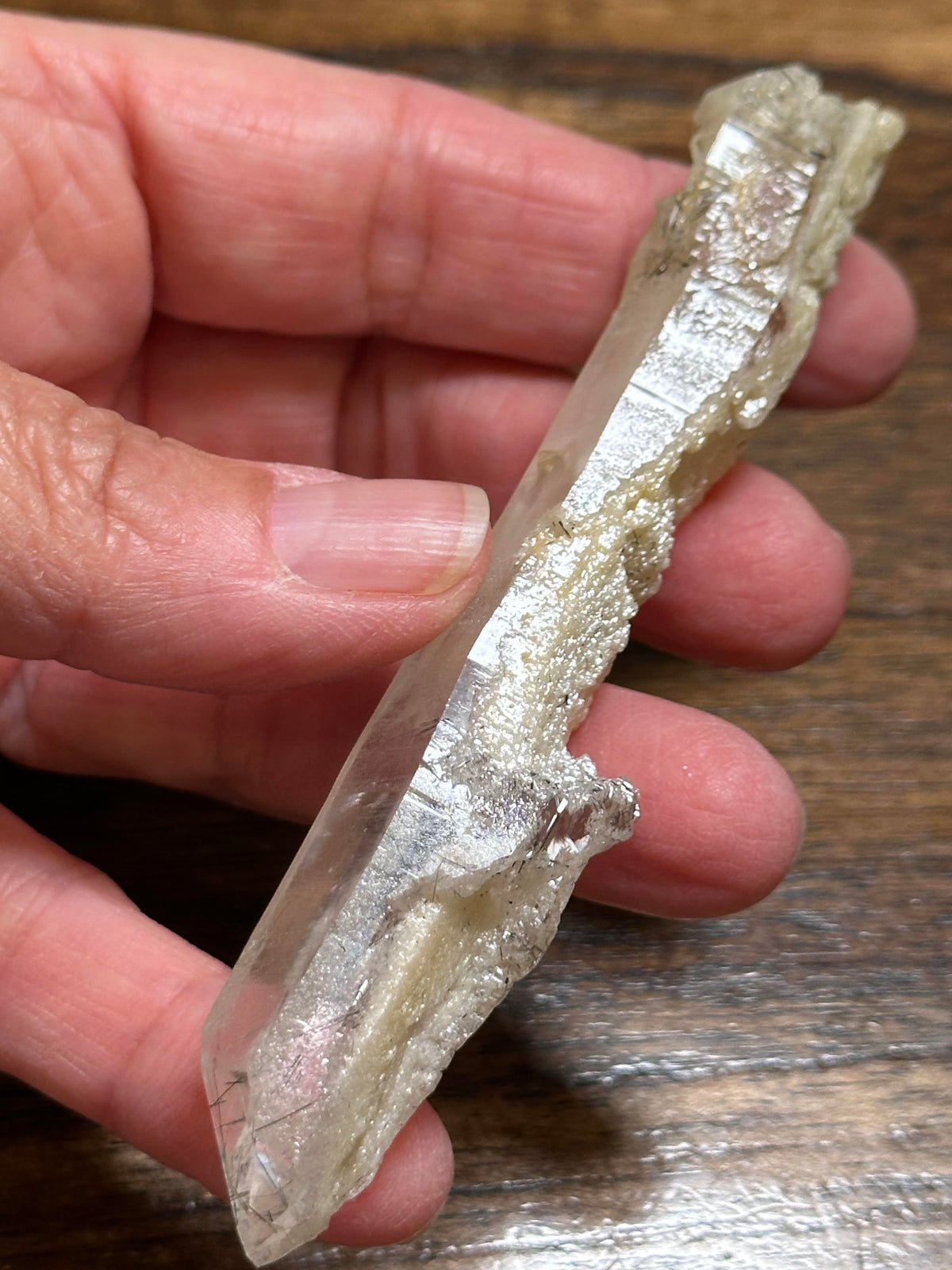 Natural Diamantina Quartz Crystal Point with Black Tourmaline Rutile, Snow White Lodalite 4" length #NC5960