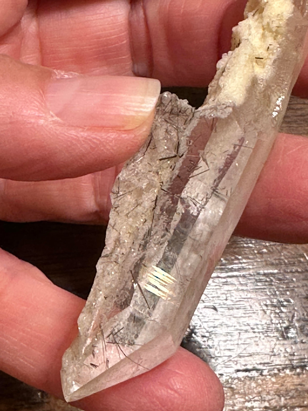 Natural Diamantina Quartz Crystal Point with Black Tourmaline Rutile, Snow White Lodalite 4" length #NC5960