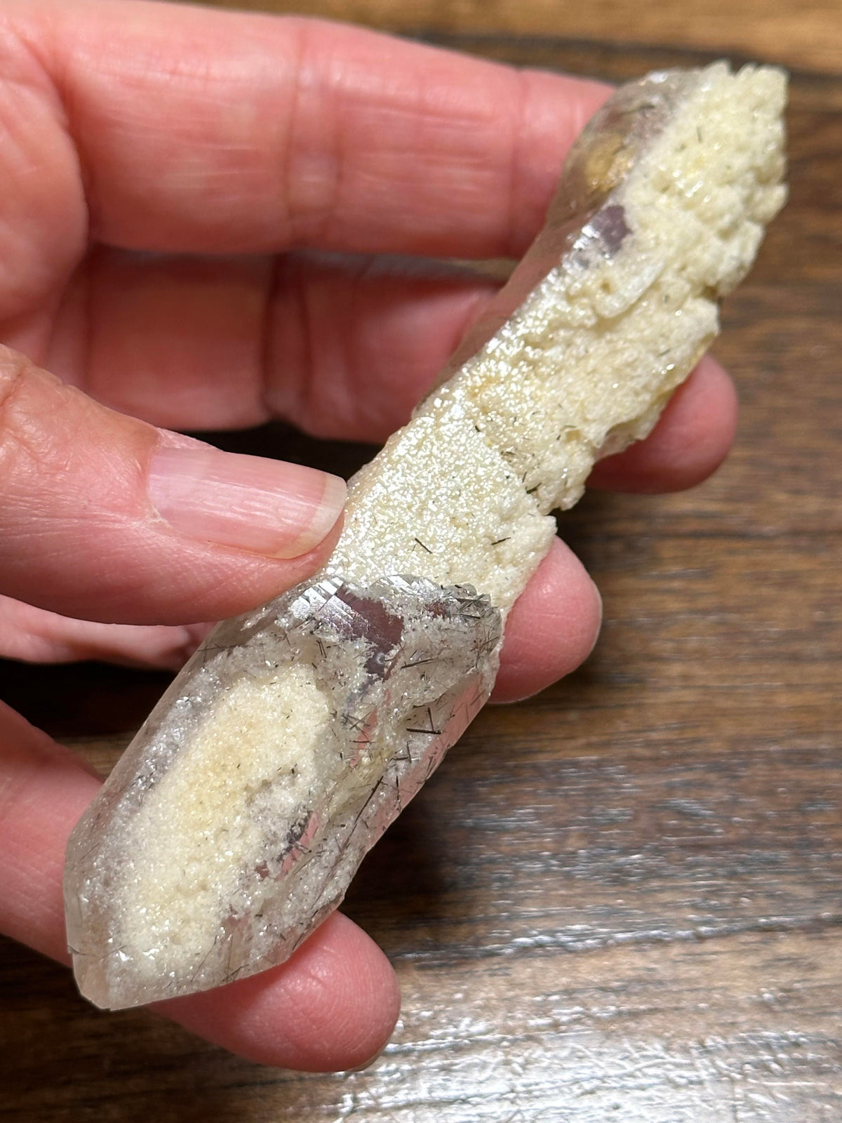 Natural Diamantina Quartz Crystal Point with Black Tourmaline Rutile, Snow White Lodalite 4" length #NC5960