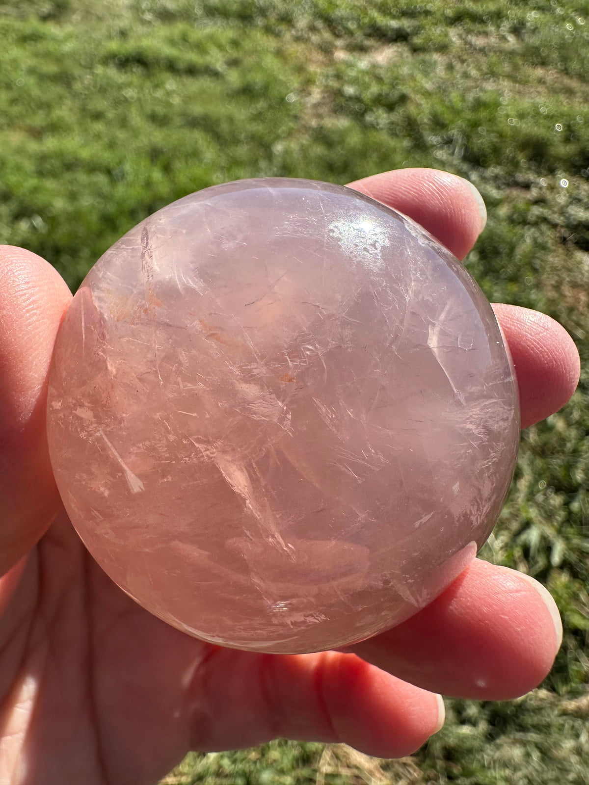 Natural Star Rose Quartz Palm Stone with Rainbow Inclusion NC7989