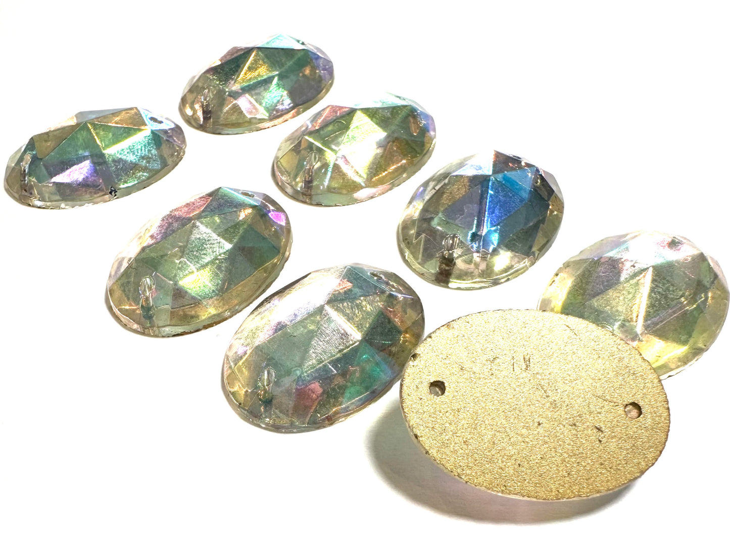 Vintage West German Aurora Borealis Glass Sew Ons 18 x 24mm Gold Foil Backed Lot of 8 #VB115